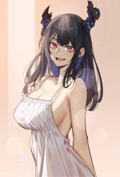Rule 34 | 1girl, asymmetrical horns, black hair, blue hair, breasts, cleavage, colored inner hair, demon horns, dress, highres, hololive, hololive english, horns, large breasts, looking at viewer, medium hair, mole, mole under eye, multicolored hair, nerissa ravencroft, nokaa aru, open mouth, red eyes, smile, solo, teeth, upper teeth only, virtual youtuber, white dress