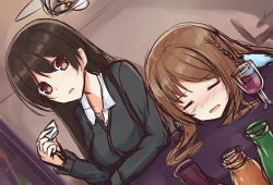 Rule 34 | 2girls, absurdres, black hair, brown eyes, brown hair, character request, choko (cup), closed eyes, copyright request, cup, drunk, glass, gradient background, highres, long hair, multiple girls, open mouth, tsuchikure