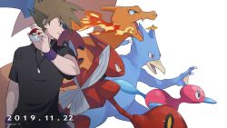 Rule 34 | 1boy, black shirt, blue oak, brown hair, charizard, collared shirt, commentary request, creatures (company), dated, game freak, gen 1 pokemon, gen 2 pokemon, golduck, hands up, highres, holding, holding poke ball, jewelry, looking to the side, male focus, necklace, nintendo, parted lips, poke ball, poke ball (basic), pokemon, pokemon (creature), pokemon adventures, porygon2, purple wristband, rozu ki, scizor, shirt, spiked hair, white background, wristband
