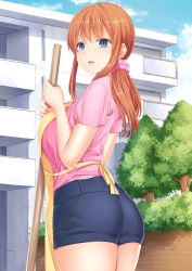 Rule 34 | 1girl, apartment, apron, ass, blue eyes, breasts, broom, cloud, female focus, highres, holding, housewife, large breasts, legs, long hair, looking at viewer, orange hair, original, outdoors, parted lips, ponytail, short sleeves, shorts, sideboob, sky, solo, standing, thighs, tree