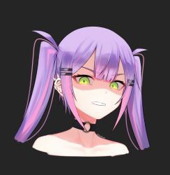 Rule 34 | 1girl, absurdres, artpatient, black background, black choker, choker, ear piercing, empty eyes, green eyes, hair ornament, hairclip, highres, hololive, long hair, looking at viewer, multicolored hair, o-ring, o-ring choker, piercing, pink hair, purple hair, shaded face, simple background, solo, streaked hair, tokoyami towa, twintails, upper body, virtual youtuber