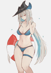 Rule 34 | 1girl, absurdres, arknights, bare arms, bare shoulders, bikini, black headwear, blue bikini, blue hair, breasts, cleavage, collarbone, commentary, feet out of frame, grey background, grey hair, hair between eyes, half-closed eyes, hand up, highres, lifebuoy, long hair, medium breasts, multicolored hair, navel, parted lips, red eyes, simple background, skadi (arknights), skindentation, solo, sweat, swim ring, swimsuit, thigh strap, two-tone hair, very long hair, wawamachi (wawamachis)