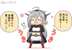 Rule 34 | 1girl, 1koma, ahoge, black coat, black gloves, chibi, closed eyes, coat, comic, commentary request, cosplay, elbow gloves, full body, gloves, goma (yoku yatta hou jane), grey hair, hair between eyes, kantai collection, kiyoshimo (kancolle), long coat, low twintails, midriff, miniskirt, nagato (kancolle), nagato (kancolle) (cosplay), nagato kai ni (kancolle), open mouth, pleated skirt, simple background, skirt, smile, solo, standing, translation request, twintails, twitter username, white background, white skirt