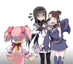 Rule 34 | 3girls, akemi homura, arm around neck, black hair, black headband, black legwear, blue footwear, bow, brown hair, commentary, crossover, dress, frilled dress, frills, from behind, gloves, gradient background, gun, gun to head, hair bow, hand up, hat, unworn hat, headband, unworn headwear, highres, holding, holding gun, holding weapon, kagari atsuko, kaname madoka, keihiga, little witch academia, long hair, long sleeves, luna nova school uniform, magical girl, mahou shoujo madoka magica, mahou shoujo madoka magica (anime), multiple girls, open mouth, pantyhose, pink bow, pink hair, purple eyes, red bow, red eyes, school uniform, shaded face, short sleeves, short twintails, signature, soul gem, squiggle, surprised, sweat, tears, trembling, twintails, upper body, very long hair, watermark, weapon, white background, white dress, white gloves, wide sleeves, witch, witch hat