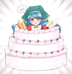 Rule 34 | 1girl, banana, blue hair, blueberry, blush, cake, confused, dress, emphasis lines, english text, eyes visible through hair, food, fruit, green headwear, haniyasushin keiki, head scarf, highres, in food, jewelry, long hair, looking at viewer, magatama, magatama necklace, name connection, necklace, object namesake, open mouth, ougi hina, oversized food, oversized object, pun, purple eyes, solo, strawberry, touhou, very long hair, whipped cream, white background, yellow dress