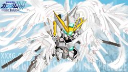 Rule 34 | aqua eyes, character name, chibi, chinese commentary, dual wielding, feathers, flying, glowing, glowing eyes, gun, gundam, gundam wing, gundam wing frozen teardrop, highres, holding, holding gun, holding weapon, logo, looking down, mecha, multiple wings, no humans, robot, science fiction, solo, v-fin, weapon, wing gundam snow white prelude, wings, xing chen yunluo max