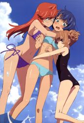 Rule 34 | 10s, 3girls, absurdres, ano natsu de matteru, ass, bikini, blue eyes, blue hair, blush, breast press, breasts, brown hair, cloud, day, embarrassed, eye contact, female focus, flat chest, girl sandwich, glasses, group hug, hair up, highres, hug, large breasts, legs, long hair, long legs, looking at another, midriff, multiple girls, naughty face, navel, nyantype, official art, one-piece swimsuit, open mouth, outdoors, purple eyes, red hair, sandwiched, scan, school swimsuit, short hair, shy, side-tie bikini bottom, sky, small breasts, smile, swimsuit, takatsuki ichika, tanaka masayoshi, tanigawa kanna, water, yamano remon, yuri