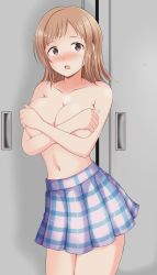 Rule 34 | 1girl, :o, blush, breasts, brown eyes, brown hair, covering privates, covering breasts, highres, idolmaster, idolmaster shiny colors, large breasts, legs together, lyilu0214, sakuragi mano, short hair, skirt, solo, topless
