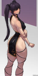 Rule 34 | 1girl, absurdres, ass, bare arms, bare hips, bare shoulders, black dress, blush, breasts, closed mouth, covered erect nipples, dress, feet out of frame, from behind, full-face blush, genshin impact, green eyes, hair between eyes, highleg, highleg dress, highres, long hair, looking at viewer, looking back, medium breasts, mona (genshin impact), multicolored background, pelvic curtain, purple background, purple hair, short dress, sidelocks, sleeveless, sleeveless dress, solo, sparkle print, standing, stopu, thighs, toned, twintails, two-tone background, white background, wristband