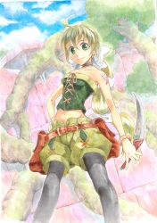 Rule 34 | 1girl, bare shoulders, belt, black pantyhose, breasts, cleavage, closed mouth, collarbone, commentary request, green eyes, green hair, knife, pantyhose under shorts, long hair, looking at viewer, medium breasts, multi-tied hair, pantyhose, ponytail, ribbon, saga, saga frontier 2, shorts, sio2 (nisankakeiso), smile, solo, standing, very long hair, virginia knights