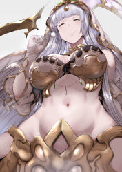 Rule 34 | 10s, 1girl, breasts, bridal veil, cleavage, echidna (granblue fantasy), elbow gloves, closed eyes, from below, gloves, granblue fantasy, hair ornament, hews, highres, lamia, large breasts, long hair, mimikaki, monster girl, navel, silver hair, smile, solo, veil, white gloves