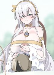 Rule 34 | 1girl, akitokage, alternate breast size, anastasia (fate), blue eyes, blue nails, breasts, cleavage, cup, doll, dress, fate/grand order, fate (series), hairband, huge breasts, jewelry, long hair, nail polish, pendant, silver hair, smile, strapless, strapless dress, teacup