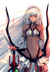 Rule 34 | &gt;:), 10s, 1girl, altera (fate), bare shoulders, black panties, breasts, closed mouth, collarbone, cowboy shot, dark-skinned female, dark skin, detached sleeves, fate/extella, fate/extra, fate (series), highres, kaze minoru so-ru, looking at viewer, midriff, navel, panties, red eyes, small breasts, smile, solo, stomach, tsurime, underwear, v-shaped eyebrows, veil, white hair