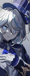 Rule 34 | 1girl, absurdres, blue bow, blue eyes, blue hair, blue hat, blue jacket, blue ribbon, bow, brooch, closed mouth, commentary, furina (genshin impact), genshin impact, grey background, hair bow, hair ribbon, hand on own chest, hat, highres, jacket, jewelry, ligne claire, long sleeves, looking at viewer, multicolored hair, natsugu72, ribbon, simple background, smile, solo, sparkling eyes, streaked hair, top hat, upper body, white hair