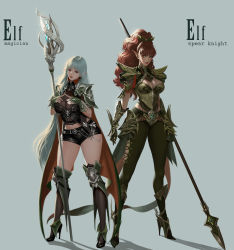 Rule 34 | 2girls, absurdres, armor, armored boots, boots, breasts, elf, grey hair, high heel boots, high heels, highres, jmyi, lance, large breasts, long hair, long pointy ears, multiple girls, original, pointy ears, polearm, ponytail, red hair, weapon, white hair