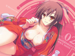 Rule 34 | 1girl, black panties, blush, bow, breasts, breasts out, brown eyes, brown hair, cleavage, hair ribbon, japanese clothes, kimono, large breasts, long hair, nipples, open clothes, open kimono, panties, ponytail, red background, red theme, ribbon, smile, solo, tabi, tomose shunsaku, underwear