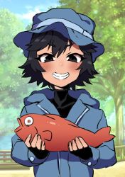 Rule 34 | 1boy, animal, black eyes, black gloves, black hair, blue hat, blue hoodie, blush, cloud, cloudy sky, collarbone, commentary request, day, etori, fingerless gloves, fish, gloves, grin, hat, holding, holding animal, holding fish, hood, hood down, hoodie, looking at viewer, male focus, original, outdoors, park, short hair, sky, smile, solo, trap, tree