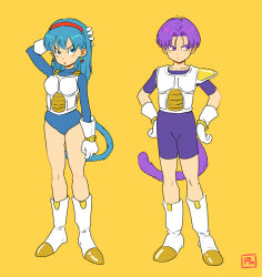 Rule 34 | 1boy, 1girl, absurdres, arm behind head, armor, asymmetrical armor, blue eyes, blue hair, boots, bra (dragon ball), brother and sister, commentary request, dragon ball, dragon ball gt, earrings, gloves, hairband, hands on own hips, highres, jewelry, monkey tail, pink mousse, purple eyes, purple hair, red hairband, saiyan armor, shoulder armor, siblings, signature, tail, trunks (dragon ball), white footwear, white gloves, yellow background