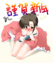 Rule 34 | 1girl, blush, breasts, cleavage, japanese clothes, kazumi, kimono, large breasts, new year, original, socks, solo