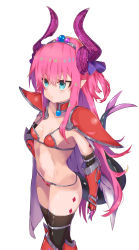 Rule 34 | 1girl, armor, armored boots, bikini, bikini armor, black thighhighs, blue eyes, blush, boots, breasts, cape, choker, curled horns, dragon girl, dragon horns, dragon tail, elizabeth bathory (brave) (fate), elizabeth bathory (fate), fate/grand order, fate (series), hair ribbon, highres, horns, jokarara, knee boots, long hair, looking at viewer, loose bikini, navel, pauldrons, pink hair, pointy ears, red armor, red bikini, red choker, red footwear, ribbon, shoulder armor, silver trim, simple background, small breasts, smile, solo, swimsuit, tail, thighhighs, two side up, vambraces, white background, white cape