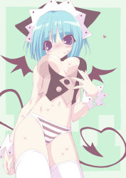 Rule 34 | 1girl, airan, aqua hair, blue eyes, breasts, demon tail, demon wings, female focus, large breasts, navel, original, panties, short hair, solo, striped clothes, striped panties, tail, thighhighs, underwear, white thighhighs, wings