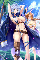 Rule 34 | 2girls, ahoge, armpits, arms behind head, artist name, bare shoulders, belt, belt skirt, bikini, blue sky, blush, boots, braid, breasts, brown hair, butter-t, cloud, coat, collarbone, day, embarrassed, granblue fantasy, hair ornament, hairclip, head wings, large breasts, leg ribbon, lens flare, long hair, looking at viewer, multiple girls, navel, nose blush, open mouth, outdoors, overcoat, palm tree, parted lips, petals, ribbon, silva (granblue fantasy), silver hair, single thigh boot, sky, slingshot swimsuit, smile, swimsuit, tears, thigh boots, thigh ribbon, thighhighs, tree, tweyen (granblue fantasy), wings, yellow eyes