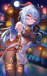 Rule 34 | ahoge, armpits, bare shoulders, bell, black gloves, black legwear, blue hair, blush, bodystocking, bodysuit, breasts, building, chinese knot, cy liusheng, detached sleeves, flower knot, ganyu (genshin impact), genshin impact, gloves, gold trim, highres, horns, lantern, leotard, leotard under clothes, light smile, long hair, looking at viewer, medium breasts, multicolored eyes, neck bell, night, outdoors, pelvic curtain, red rope, rope, sideboob, sidelocks, solo, standing, tassel, thighlet, vision (genshin impact), waist cape, white sleeves