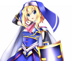 Rule 34 | 1girl, alice margatroid, alternate costume, amano kouki, armor, armored dress, ascot, blonde hair, blue eyes, cape, dress, elbow gloves, gauntlets, gloves, highres, nun, open mouth, pauldrons, shield, short hair, shoulder armor, solo, touhou