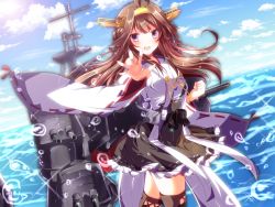 Rule 34 | 10s, 1girl, ahoge, bad id, bad pixiv id, blue sky, blush, boots, brown hair, cannon, clenched hand, cloud, day, detached sleeves, double bun, foreshortening, hair bun, hair intakes, hairband, japanese clothes, kantai collection, kongou (kancolle), kongou kai ni (kancolle), long hair, machinery, mast, nontraditional miko, ocean, open mouth, outstretched hand, purple eyes, sakura romu, skirt, sky, smile, solo, sun, thigh boots, thighhighs, turret, water, wide sleeves