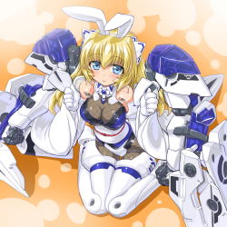 Rule 34 | 10s, 1girl, :&gt;, altrene, animal ears, armor, bad id, bad pixiv id, bare shoulders, blonde hair, blush, breasts, rabbit ears, busou shinki, cleavage, dd (ijigendd), doll joints, elbow gloves, fishnets, gloves, joints, large breasts, long hair, sitting, solo, thighhighs, wariza