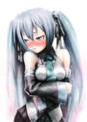 Rule 34 | 1girl, bare shoulders, blue hair, blush, breast hold, breasts, detached sleeves, hatsune miku, long hair, looking away, necktie, solo, tsukuan, twintails, very long hair, vocaloid