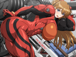 Rule 34 | abs, ass, bent over, bodysuit, breasts, brown hair, exercise machine, hair ornament, highres, huge ass, huge breasts, impossible clothes, multicolored bodysuit, multicolored clothes, muscular, muscular female, neon genesis evangelion, nerv, open mouth, orange bodysuit, pilot suit, plugsuit, red bodysuit, ren (tainca2000), shiny clothes, skin tight, smile, souryuu asuka langley, thick thighs, thighs, two side up, weights