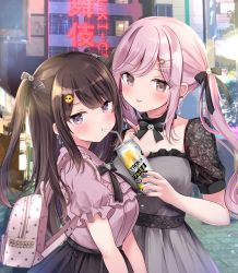 Rule 34 | 2girls, backpack, bag, black bow, black hair, black ribbon, black skirt, blouse, blush, bow, breasts, brown eyes, building, can, commentary request, dress, drink, drinking straw, drinking straw in mouth, earrings, hair ornament, hairclip, heart, heart earrings, highres, holding, holding drink, jewelry, lace, long hair, looking at viewer, masayo (gin no ame), medium breasts, multiple girls, neon lights, original, outdoors, pink hair, pink shirt, puffy short sleeves, puffy sleeves, ribbon, shirt, shirt tucked in, short sleeves, skirt, smile, two side up