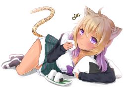 Rule 34 | 1girl, ahoge, alternate color, alternate costume, animal ears, animal print, black socks, blonde hair, blush, bow, bowtie, breasts, cat ears, cat tail, choker, cleavage, dark-skinned female, dark skin, eating, elbow rest, food, food on face, gyaru, highres, hololive, jacket, large breasts, leopard print, lying, mayutai, medium hair, miniskirt, multicolored hair, nekomata okayu, on side, onigiri, open clothes, open jacket, partially unbuttoned, pillow, purple eyes, purple hair, rice, rice on face, school uniform, simple background, skirt, sleeves past wrists, slit pupils, socks, solo, sparkling eyes, tail, two-tone hair, virtual youtuber, white background