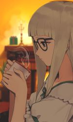 Rule 34 | 10s, 1girl, aikatsu!, aikatsu! (series), aqua eyes, bespectacled, black-framed eyewear, blonde hair, blowing, blunt bangs, blurry, blurry background, box, candle, candlestand, collarbone, cup, depth of field, dress, fire, fireplace, fire, from side, gift, gift box, glasses, green ribbon, hair down, highres, hitoto, holding, holding cup, indoors, long hair, looking down, mug, parted lips, profile, puffy short sleeves, puffy sleeves, ribbon, short sleeves, sidelocks, solo, steam, todo yurika, upper body, white hair