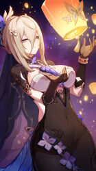 Rule 34 | 1girl, absurdres, aponia (honkai impact), black dress, black gloves, black veil, blonde hair, blue eyes, bracelet, breasts, butterfly wings, cleavage, clothing cutout, commentary request, covered navel, cowboy shot, dress, gloves, hair between eyes, hair intakes, hair ornament, hands up, highres, honkai (series), honkai impact 3rd, insect wings, jewelry, lantern, large breasts, looking at viewer, mole, mole under eye, night, night sky, official art, paper lantern, partial commentary, side cutout, skin tight, sky, smile, solo, veil, wings