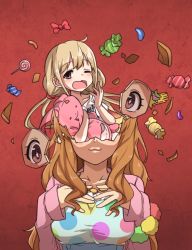 Rule 34 | 10s, 2girls, :3, blonde hair, bow, bowtie, brown hair, candy, food, futaba anzu, gazacy (dai), hair ornament, hairclip, head explosion, highres, idolmaster, idolmaster cinderella girls, jelly bean, jewelry, lollipop, long hair, long sleeves, looking at viewer, moroboshi kirari, multiple girls, necklace, red background, star (symbol), star in eye, stuffed animal, stuffed toy, surreal, symbol in eye, wavy hair, wavy mouth, wrapped candy, yawning