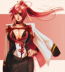 Rule 34 | 1girl, alternate costume, alternate hairstyle, amputee, artist progress, baiken, black choker, black nails, black skirt, breasts, choker, cleavage, eyepatch, guilty gear, hair ribbon, hand on own hip, jacket, jacket on shoulders, large breasts, lips, looking at viewer, military, military uniform, missing limb, nail polish, pencil skirt, pink eyes, ponytail, red eyes, red rope, revision, ribbon, riftka, rope, skirt, solo, standing, uniform