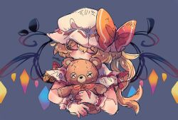 Rule 34 | 1girl, blonde hair, closed eyes, closed mouth, crystal, flandre scarlet, grey background, hair between eyes, hat, highres, long hair, mame komari, mob cap, shirt, short sleeves, simple background, smile, solo, stuffed animal, stuffed toy, teddy bear, touhou, upper body, white hat, white shirt, wings, wrist cuffs