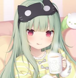 Rule 34 | 1girl, :q, amashiro natsuki, bow, closed mouth, collarbone, commentary request, cup, frilled shirt, frills, green hair, grey bow, holding, holding cup, long hair, long sleeves, looking at viewer, mask, mask on head, mug, original, pillow, red eyes, shirt, sleep mask, sleeves past wrists, smile, solo, steam, striped clothes, striped shirt, tongue, tongue out, upper body, yellow shirt