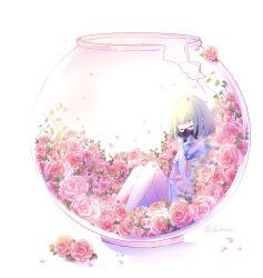Rule 34 | 1girl, absurdres, bed of roses, bob cut, breath, closed eyes, crack, cracked glass, crossed arms, dress, falling petals, fishbowl, flower, glass, green hair, highres, in container, knees up, lluluchwan, neck ribbon, original, petals, plant, respirator, ribbon, rose, sailor dress, short hair, short sleeves, signature, sitting, sleeping, solo, vines