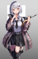 Rule 34 | 1girl, belt, black bow, black bowtie, black pants, blush, bow, bowtie, brown eyes, clothing cutout, coat, combat knife, commentary, dress shirt, grey background, grey belt, grey coat, hair ornament, hairclip, hand to own mouth, highres, holding, holding knife, knife, konome noi, leg cutout, long sleeves, looking at viewer, off shoulder, open clothes, open coat, original, pants, parted lips, shirt, short hair, silver hair, solo, standing, symbol-only commentary, weapon, white shirt, wing collar