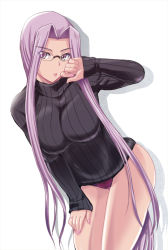 Rule 34 | 1girl, breasts, fate/stay night, fate (series), female focus, glasses, kumoi takashi, large breasts, long hair, looking at viewer, medusa (fate), medusa (rider) (fate), panties, purple hair, purple panties, ribbed sweater, simple background, solo, square pupils, sweater, turtleneck, underwear, very long hair, white background