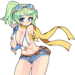 Rule 34 | 1girl, bikini, bikini top only, blue eyes, blue gloves, blush, commentary request, fingerless gloves, gloves, goggles, goggles on head, green hair, long hair, looking at viewer, navel, nemui (nemui), ponytail, scarf, see-through clothes, sennen sensou aigis, short shorts, shorts, simple background, smile, solo, swimsuit, tial (sennen sensou aigis), white background, white bikini, yellow scarf