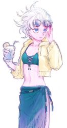 Rule 34 | 1girl, alternate costume, annouu ronpa, belafu (human), bikini, bikini under clothes, blue eyes, breasts, bright pupils, closed mouth, collarbone, commentary request, contemporary, cropped jacket, cup, drawstring, drinking glass, drinking straw, eyewear on head, genderswap, genderswap (mtf), green bikini, green sarong, hand up, highres, holding, holding cup, jacket, long sleeves, looking to the side, made in abyss, navel, open clothes, open jacket, sarong, short hair, simple background, sketch, small breasts, solo, standing, swimsuit, white background, white hair, white pupils, yellow jacket