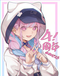 Rule 34 | 1girl, :d, animal hood, baseball cap, blue bow, blue hair, blue hat, bow, braid, breasts, commentary request, finger counting, hair over shoulder, hands up, hat, highres, hololive, hood, hood up, hooded jacket, jacket, long hair, long sleeves, looking at viewer, low twintails, medium breasts, minato aqua, minato aqua (sailor), multicolored hair, open mouth, pink hair, puffy long sleeves, puffy sleeves, purple eyes, shirt, smile, solo, streaked hair, twin braids, twintails, two-tone hair, upper body, virtual youtuber, white background, white jacket, white shirt, xuu shi times