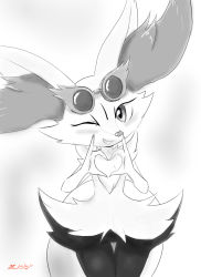 Rule 34 | 1girl, animal ear fluff, animal ears, animal nose, artist name, blush, body fur, braixen, cowboy shot, creatures (company), dated, eryz, eyewear on head, fang, female focus, flat chest, fox ears, fox girl, fox tail, furry, furry female, game freak, gen 6 pokemon, greyscale, grin, hands up, happy, head tilt, heart, heart hands, highres, jpeg artifacts, looking at viewer, monochrome, nintendo, one eye closed, pokemon, pokemon (creature), signature, simple background, sketch, smile, snout, solo, spot color, standing, sunglasses, tail, teeth, thigh gap, white background, wink