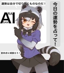 Rule 34 | 1girl, animal ears, bow, bowtie, brown eyes, common raccoon (kemono friends), elbow gloves, extra ears, gloves, grey hair, kemono friends, looking at viewer, notora, one eye closed, pantyhose, raccoon ears, raccoon girl, raccoon tail, shirt, short hair, simple background, skirt, smile, solo, tail