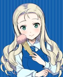 Rule 34 | 1girl, bc freedom school uniform, blonde hair, blue background, drill hair, girls und panzer, green eyes, hand fan, long hair, long sleeves, looking at viewer, marie (girls und panzer), necktie, school uniform, smile, solo, totonii (totogoya), vest