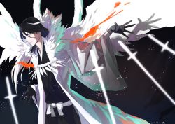 Rule 34 | absurdres, black gloves, black hair, black kimono, bleach, bleach: brave souls, commentary request, feathered wings, gloves, hair between eyes, hand up, highres, japanese clothes, jou (jo jjo), kimono, kuchiki byakuya, long hair, long sleeves, looking away, open clothes, parted bangs, parted lips, white wings, wide sleeves, wings